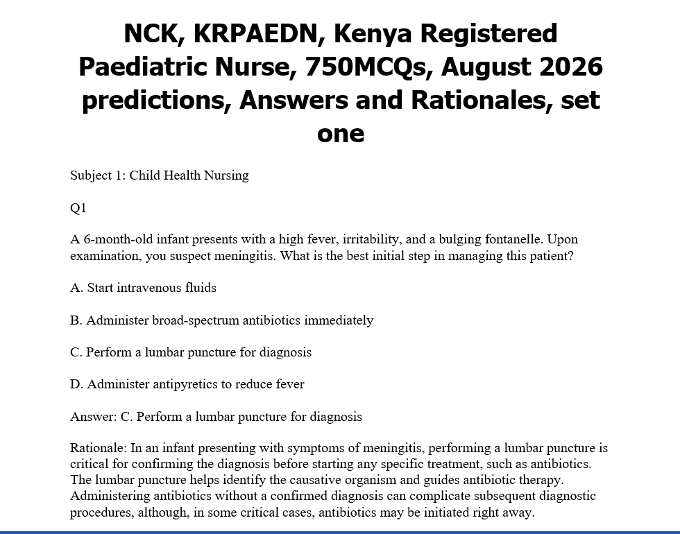 NCK, KRPAEDN, Kenya Registered Paediatric Nurse, 750MCQs, August 2026 predictions, Answers and Rationales, set one