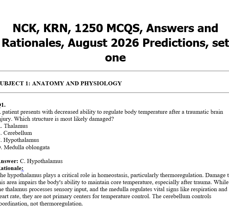 NCK, KRN, 1250 MCQS, Answers and Rationales, August 2026 Predictions, set one