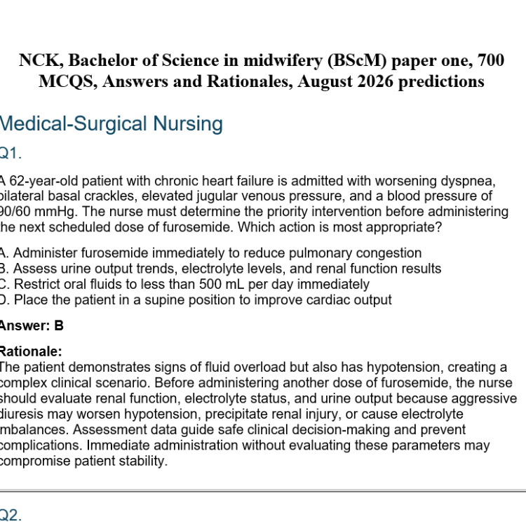 NCK, Bachelor of science in midwifery (BScM) paper one, 700 MCQS, Answers and Rationales, August 2026 predictions
