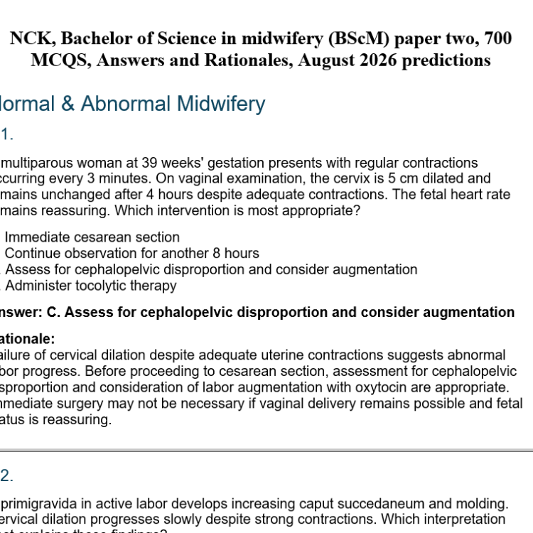 NCK, Bachelor of Science in midwifery (BScM) paper two, 700 MCQS, Answers and Rationales, August 2026 predictions