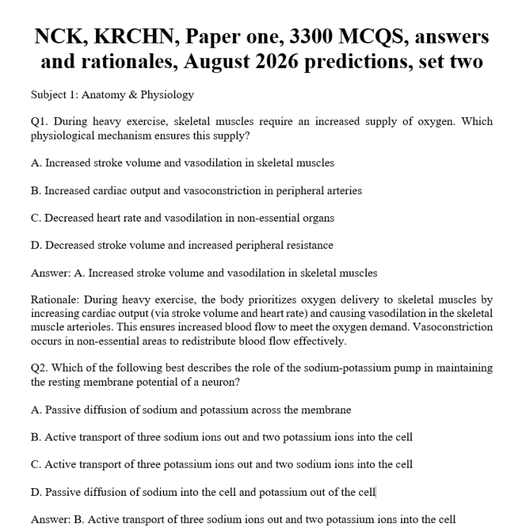NCK, KRCHN, Paper one, 3300 MCQS, answers and rationales, August 2026 predictions, set two