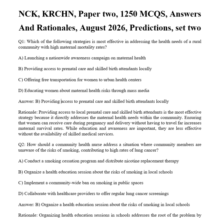 NCK, KRCHN, Paper two, 1250 MCQS, Answers And Rationales, August 2026, Predictions, set two