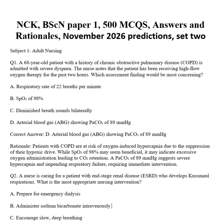 NCK, BScN paper 1, 500 MCQS, Answers and Rationales, November 2026 predictions, set two