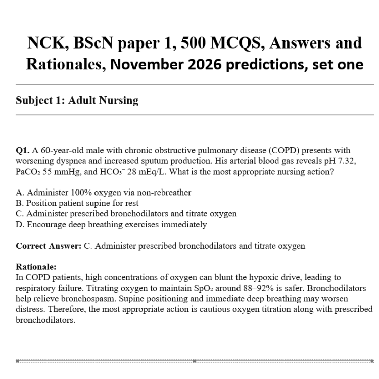 NCK, BScN paper 1, 500 MCQS, Answers and Rationales, November 2026 predictions, set one