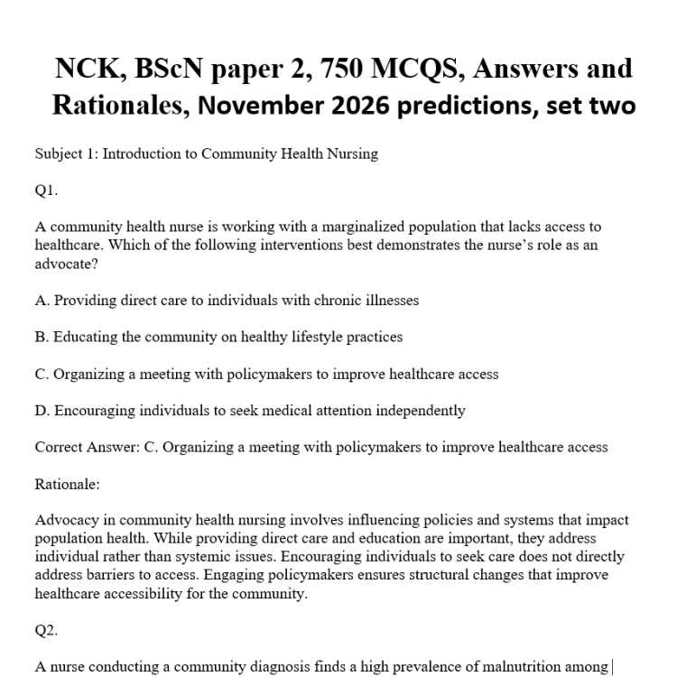 NCK, BScN paper 2, 750 MCQS, Answers and Rationales, November 2026 predictions, set two