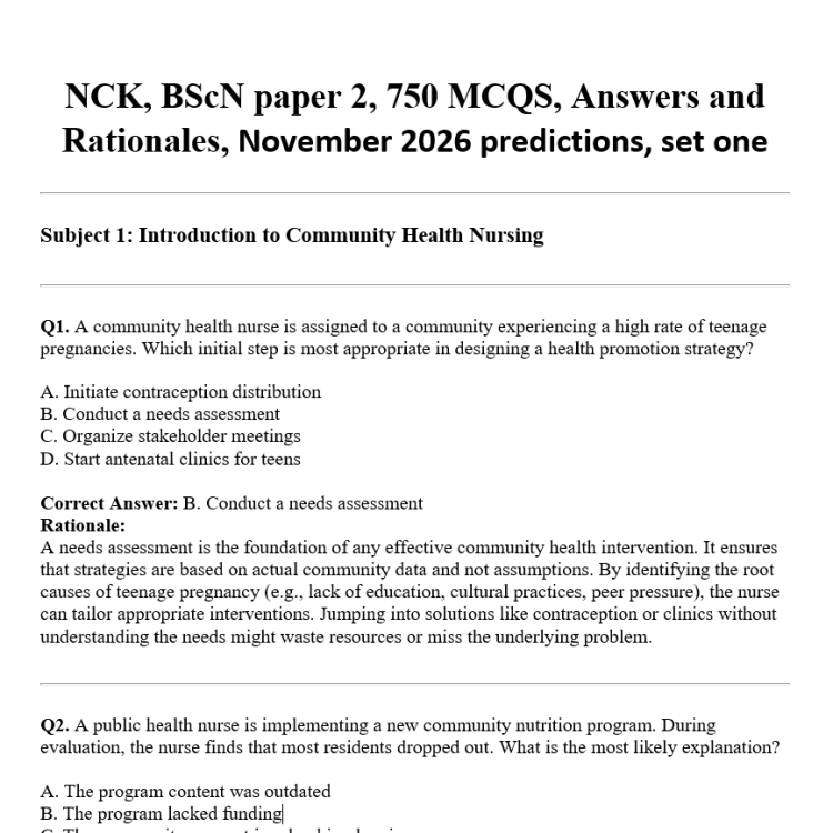 NCK, BScN paper 2, 750 MCQS, Answers and Rationales, November 2026 predictions, set one