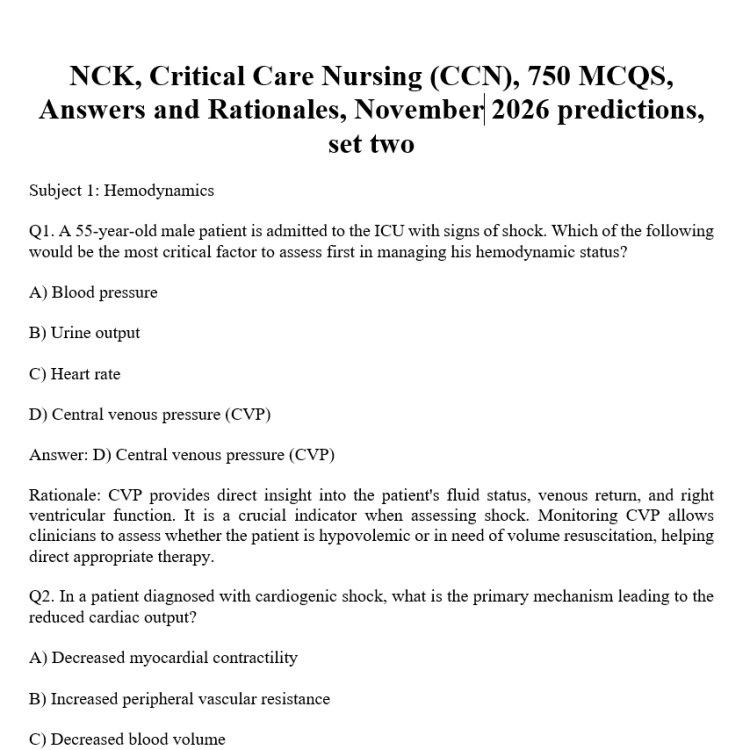 NCK, Critical Care Nursing (CCN), 750 MCQS, Answers and Rationales, November 2026 predictions, set two