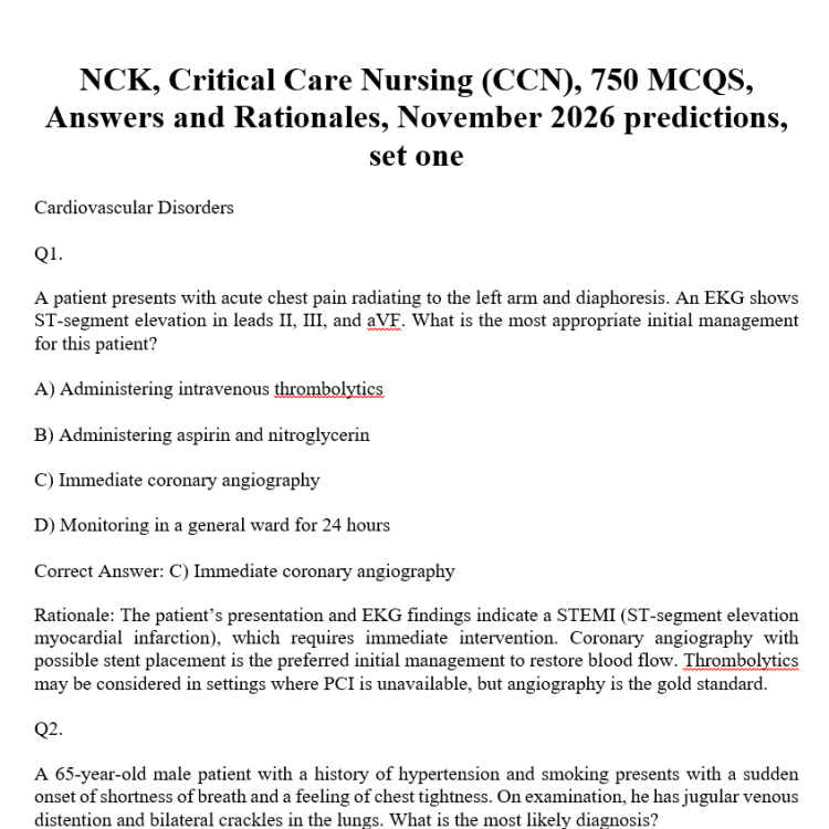 NCK, Critical Care Nursing (CCN), 750 MCQS, Answers and Rationales, November 2026 predictions, set one