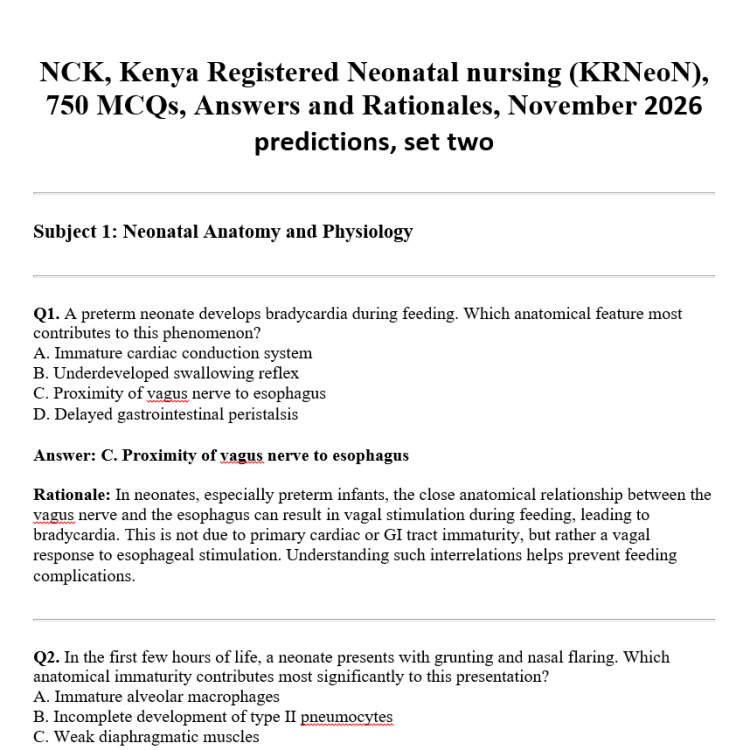 NCK, Kenya Registered Neonatal nursing (KRNeoN), 750 MCQs, Answers and Rationales, November 2026 predictions, set two