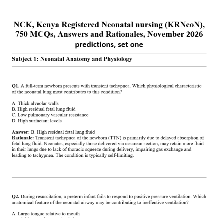 NCK, Kenya Registered Neonatal nursing (KRNeoN), 750 MCQs, Answers and Rationales, November 2026 predictions, set one