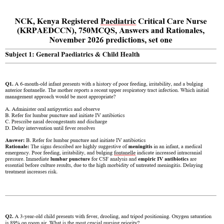 NCK, Kenya Registered Paediatric Critical Care Nurse (KRPAEDCCN), 750MCQS, Answers and Rationales, November 2026 predictions, set one
