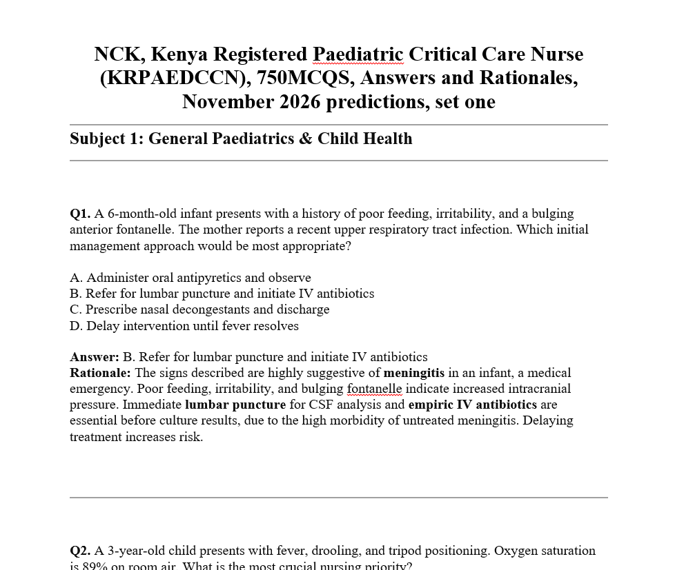 NCK, Kenya Registered Paediatric Critical Care Nurse (KRPAEDCCN), 750MCQS, Answers and Rationales, November 2026 predictions, set one