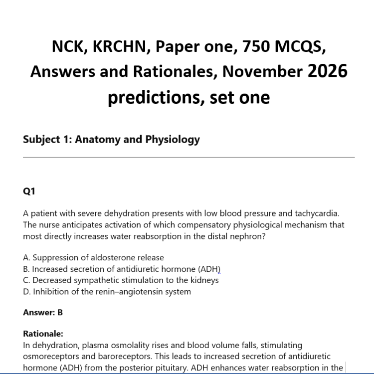 NCK, KRCHN, Paper one, 750 MCQS, Answers and Rationales, November 2026 predictions, set one