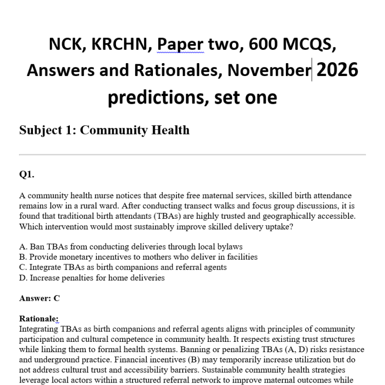 NCK, KRCHN, Paper two, 600 MCQS, Answers and Rationales, November 2026 predictions, set one