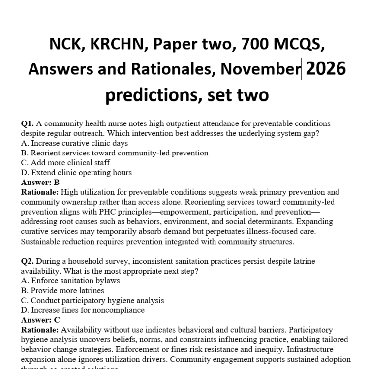 NCK, KRCHN, Paper two, 700 MCQS, Answers and Rationales, November 2026 predictions, set two