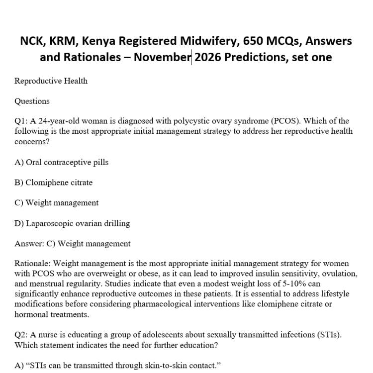 NCK, KRM, Kenya Registered Midwifery, 650 MCQs, Answers and Rationales – November 2026 Predictions, set one