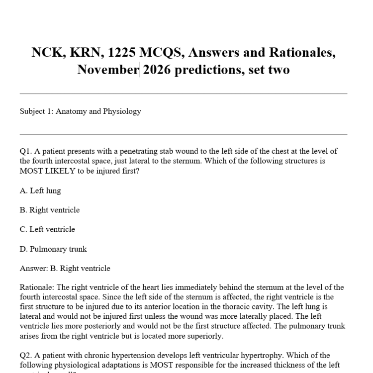 NCK, KRN, 1225 MCQS, Answers and Rationales, November 2026 predictions, set two