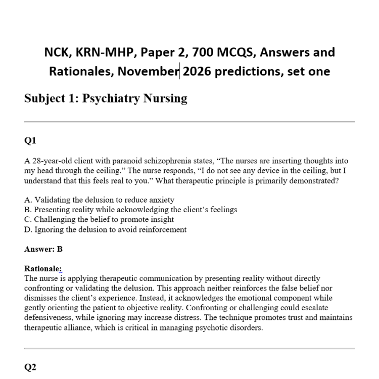 NCK, KRN-MHP, Paper 2, 700 MCQS, Answers and Rationales, November 2026 predictions, set one