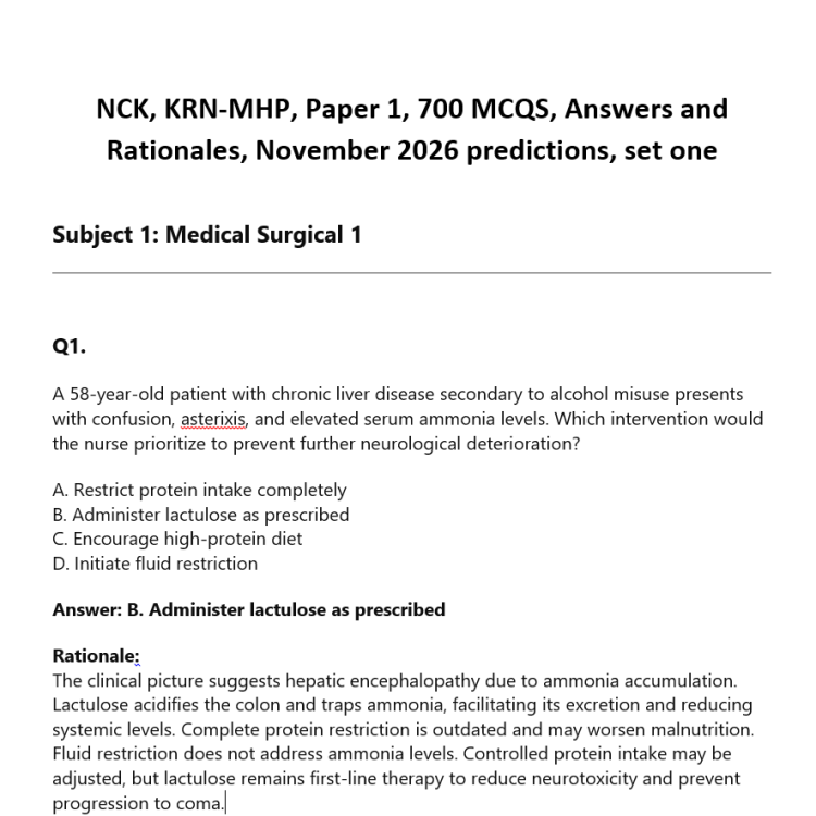 NCK, KRN-MHP, Paper 1, 700 MCQS, Answers and Rationales, November 2026 predictions, set one