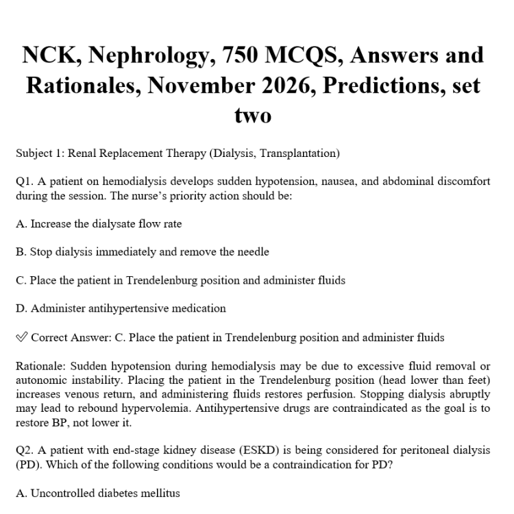 NCK, Nephrology, 750 MCQS, Answers and Rationales, November 2026, Predictions, set two