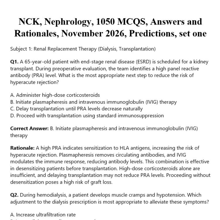 NCK, Nephrology, 1050 MCQS, Answers and Rationales, November 2026, Predictions, set one