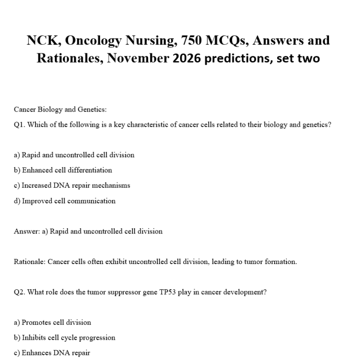 NCK, Oncology Nursing, 750 MCQs, Answers and Rationales, November 2026 predictions, set two