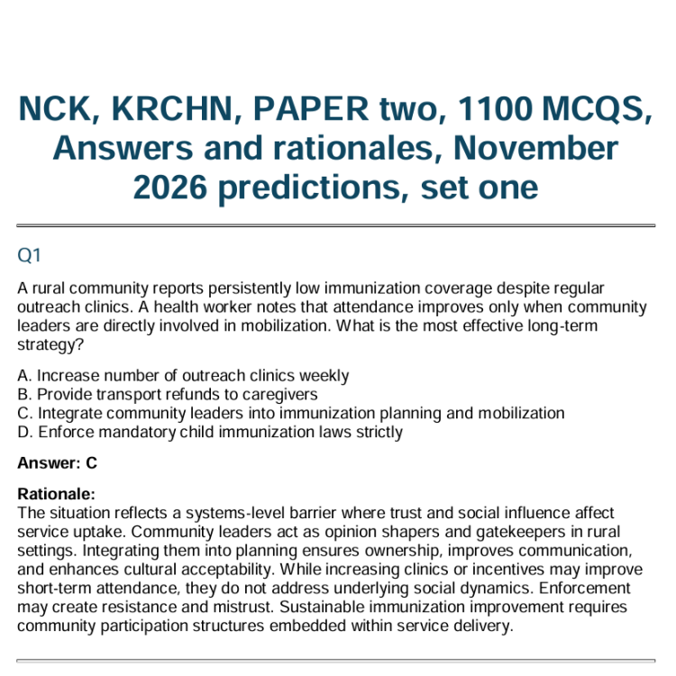 NCK, KRCHN, PAPER two, 1100 MCQS,  Answers and rationales, November  2026 predictions, set one